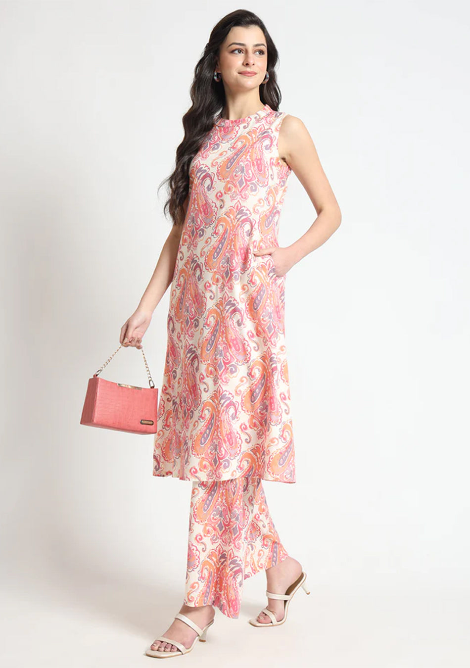Cream Floral Print Rayon Fabric Straight Kurta with Pant
