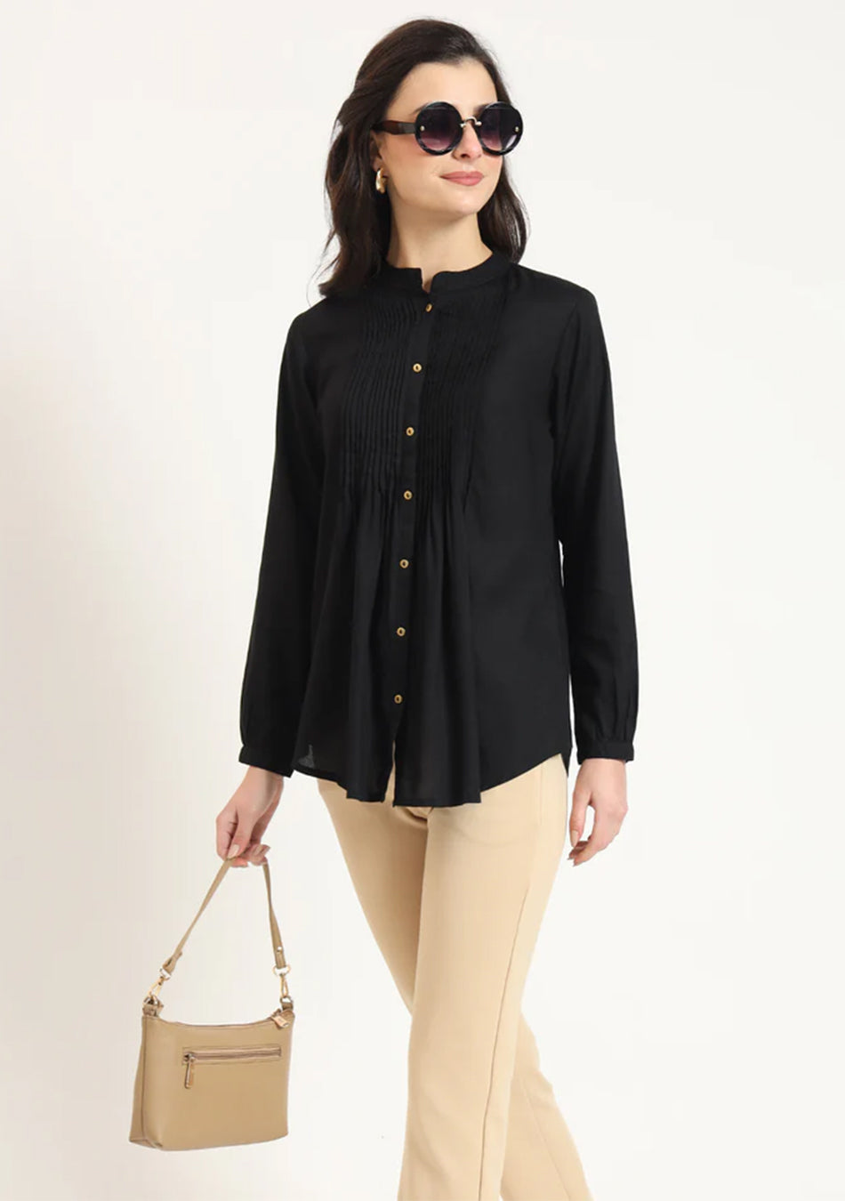 Black Solid Pintex Top