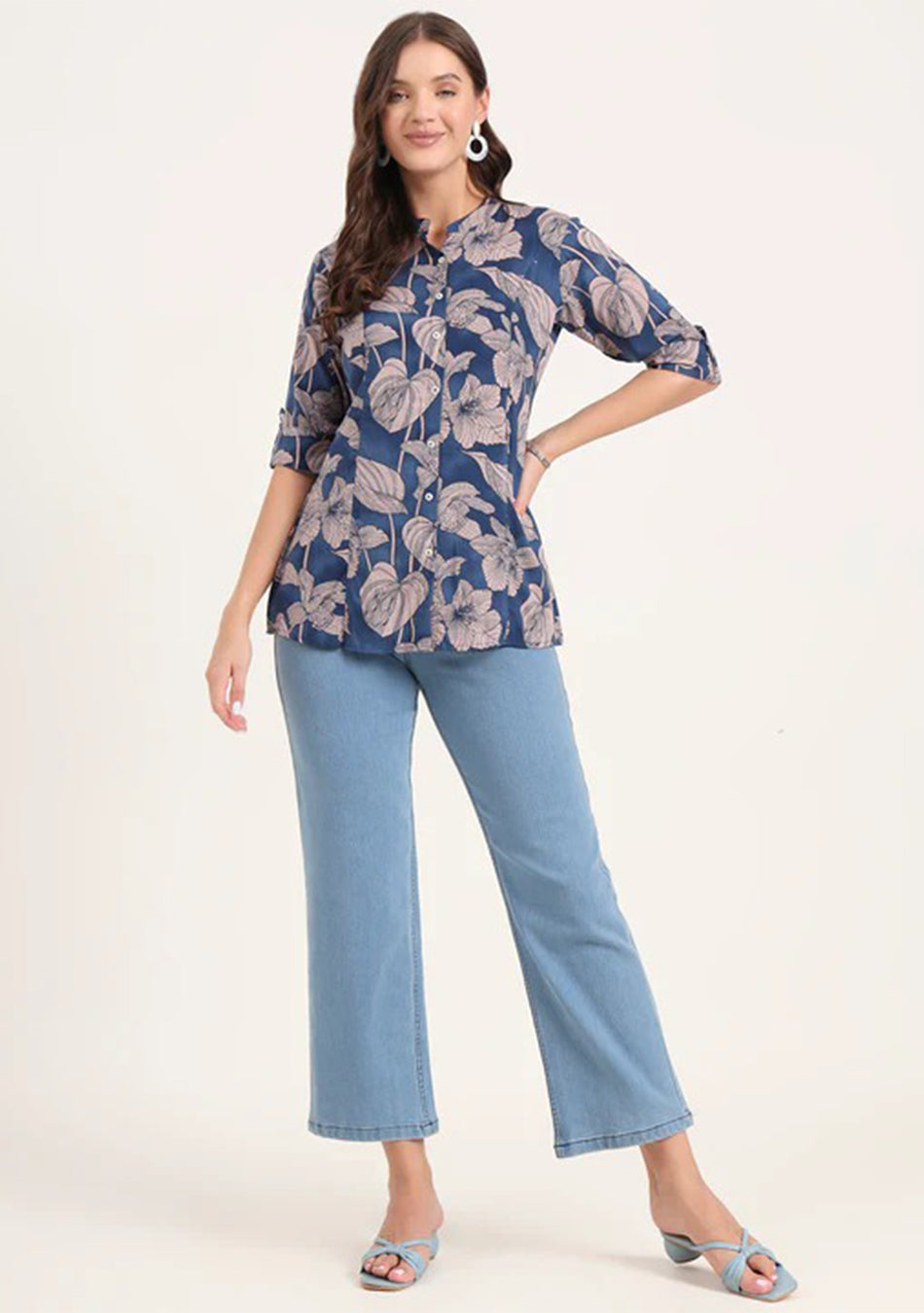 Navy Blue Rayon Rollup Sleeves A-Line Top