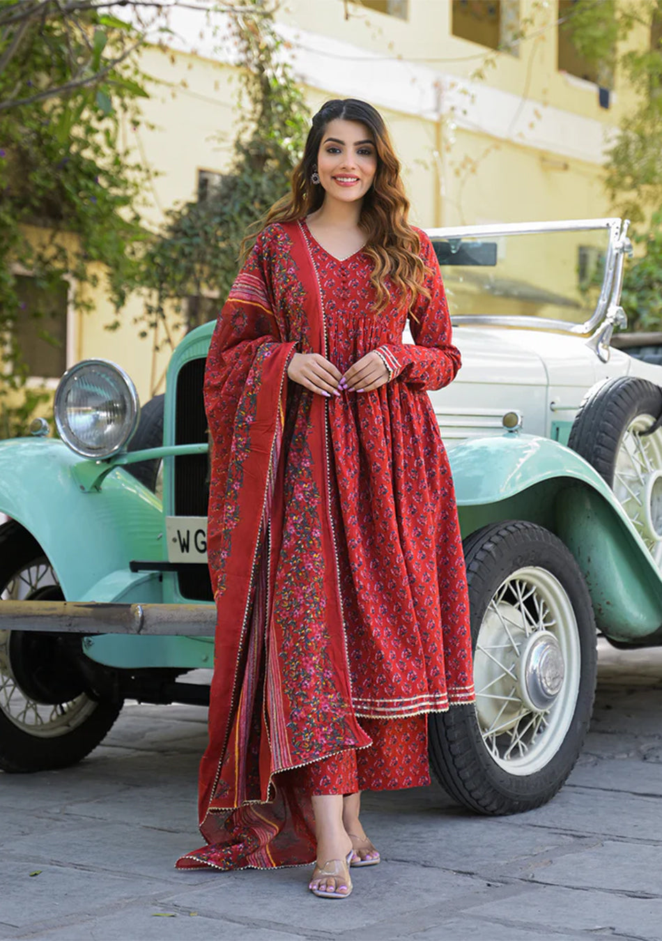 Red Floral Cotton Printed Anarkali Kurta Pant With Dupatta