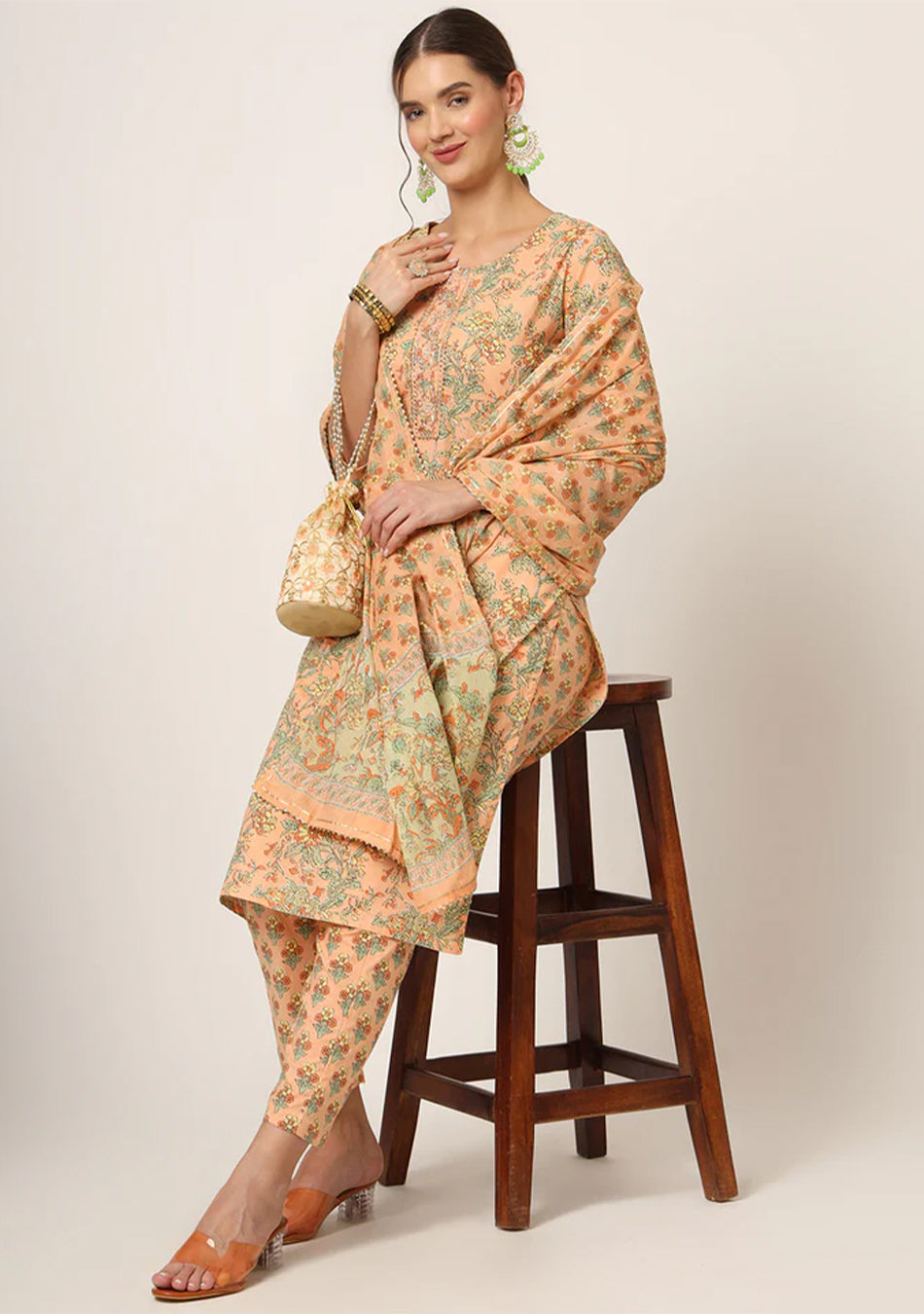 Peach Floral Print Cotton Straight fit Kurta Set