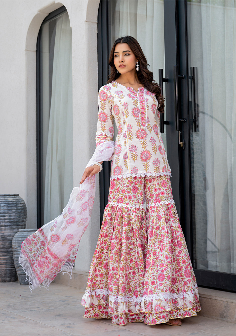 White Floral Print Pure Cotton Kurta Sharara Set for Women