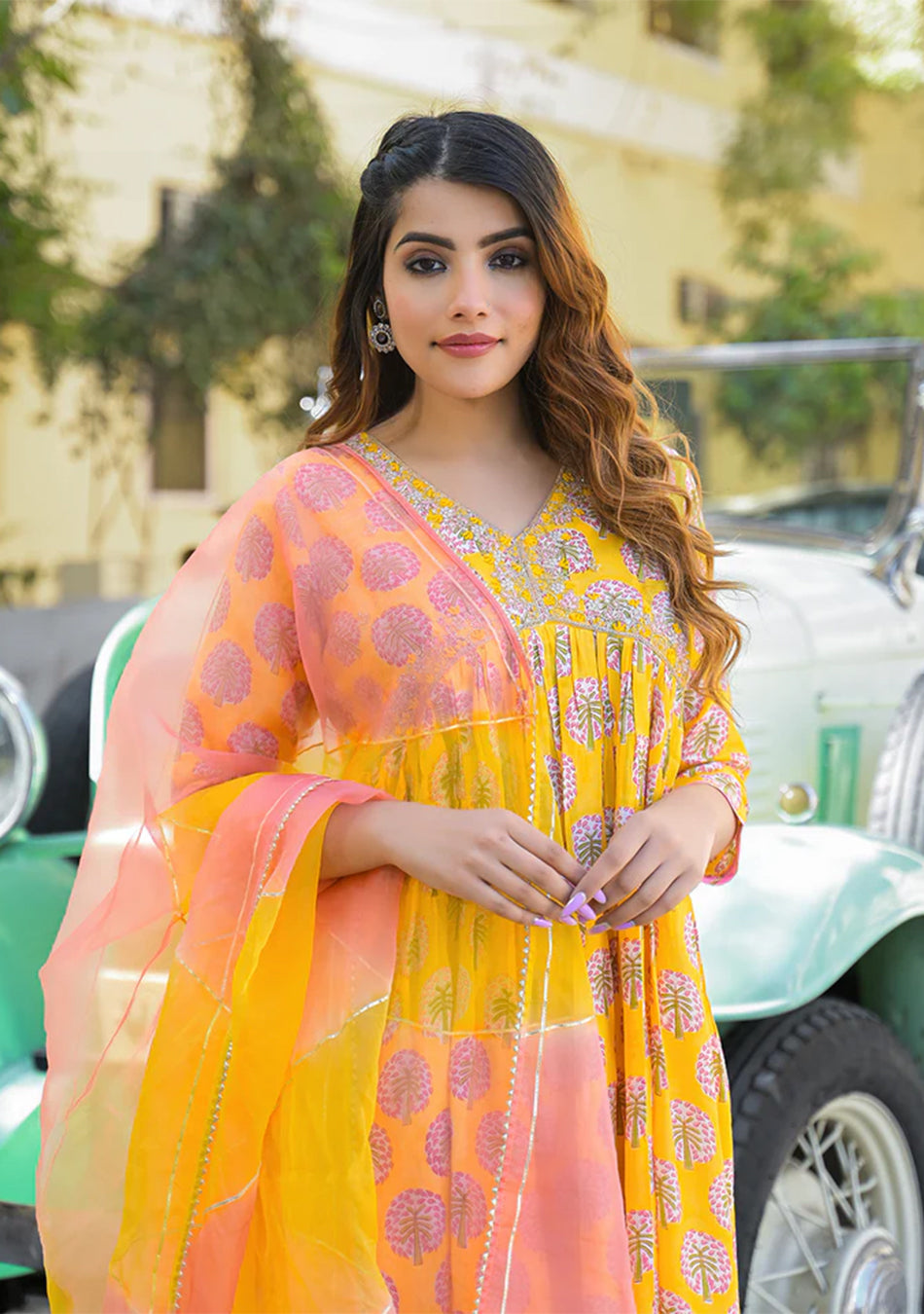 Yellow Floral Print Muslin Fabric A-Line Kurta Pant With Dupatta