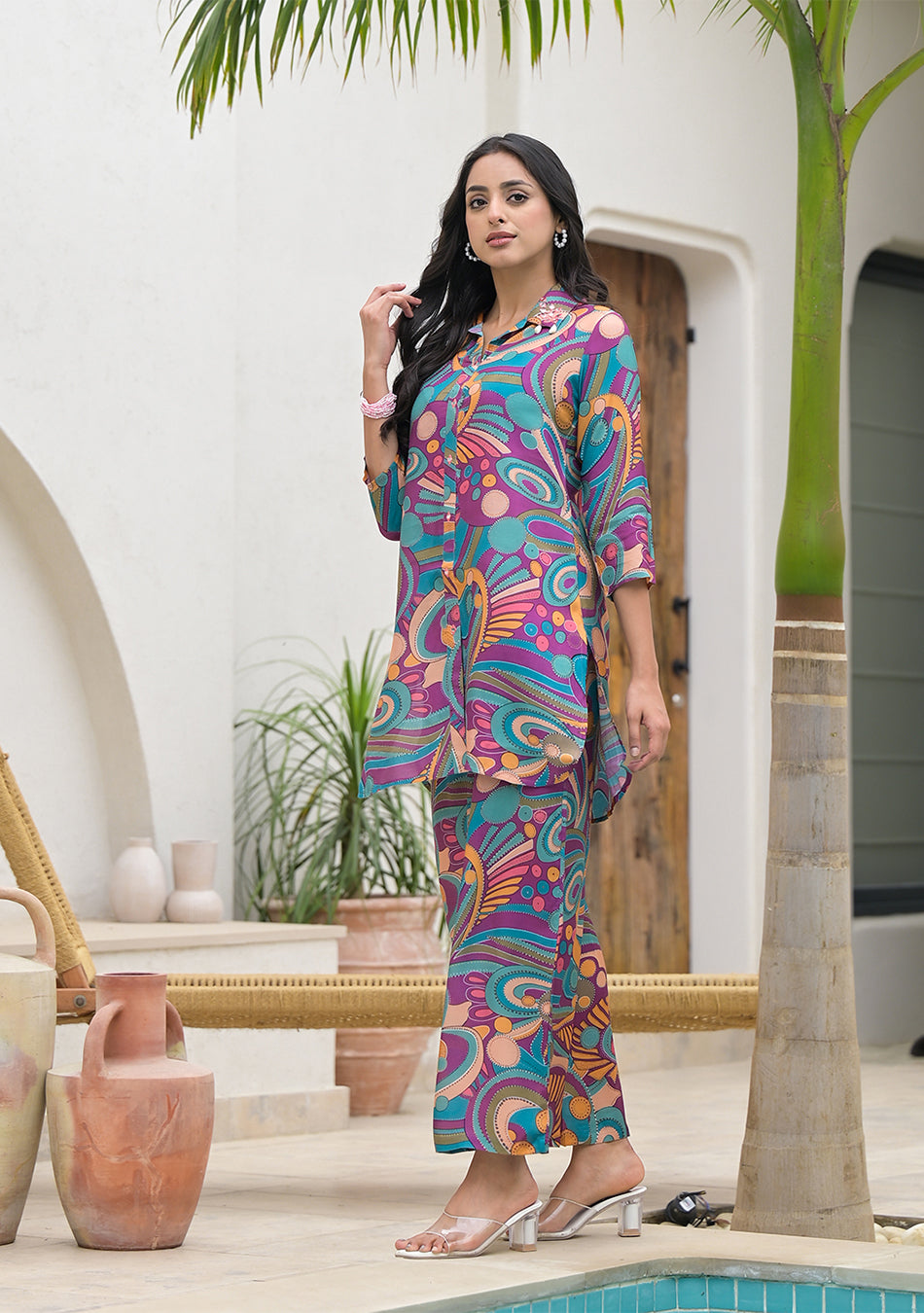 Purple Multi Digital Print Muslin Co-ord set for Women