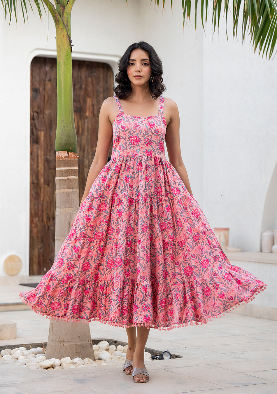 Pink Floral Printed Shoulder Strip Dress