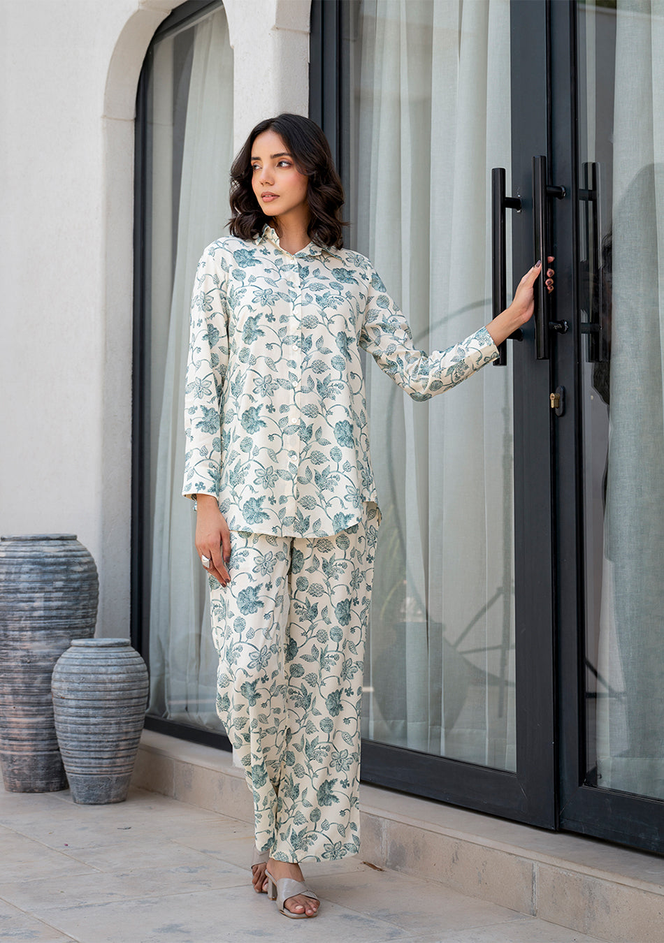 White & Green Floral Printed Rayon Co-ord Set