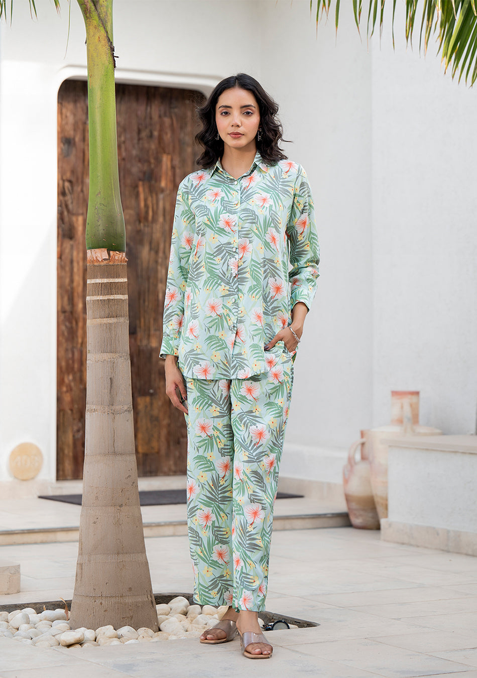 Sky Blue Floral Printed Rayon Co-ord Set