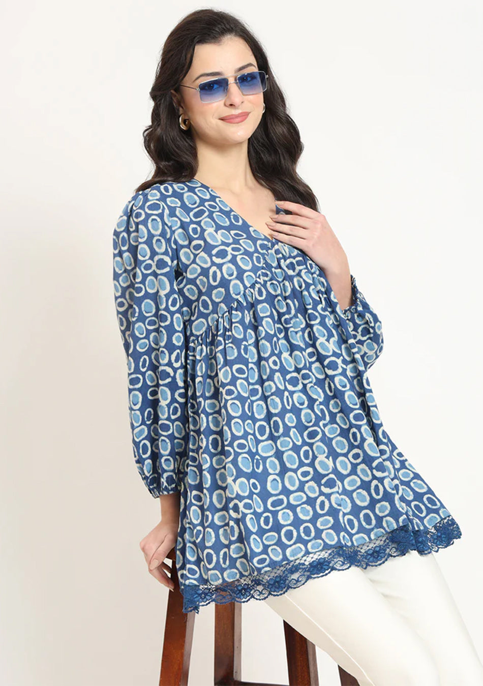Blue Cotton V-Neck Top