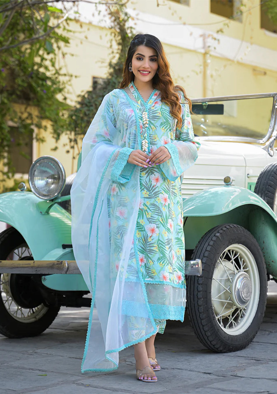 Seagreen Floral Printed Rayon Kurta Pant Set With Dupatta
