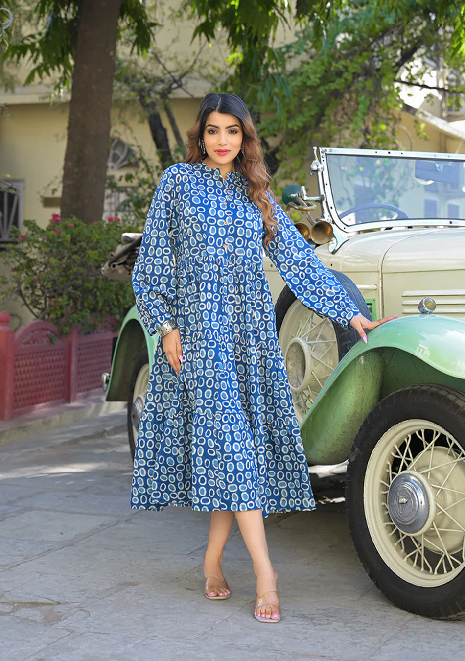 Blue Floral Print Cotton Fabric Fit Flared Dress