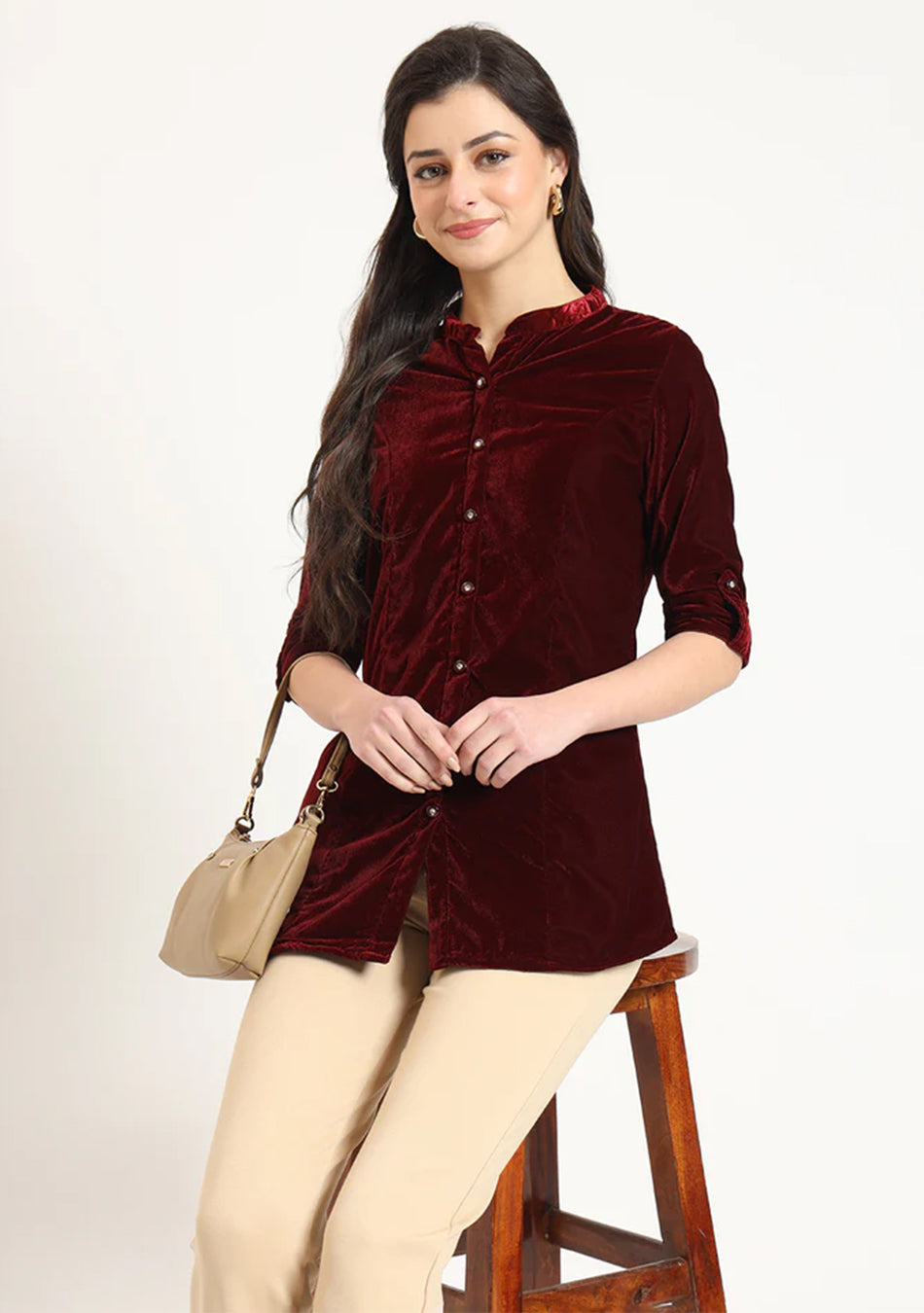 Maroon Solid Print Velvet Straight Top