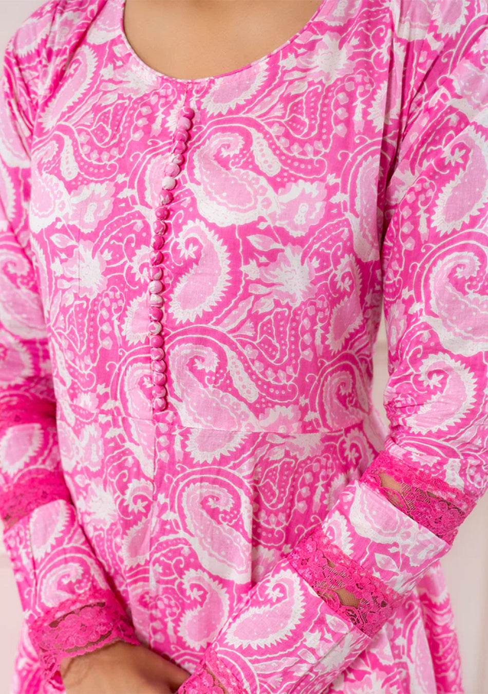 Pink Floral Print Cotton Anarkali Kurta Trouser with Dupatta Set