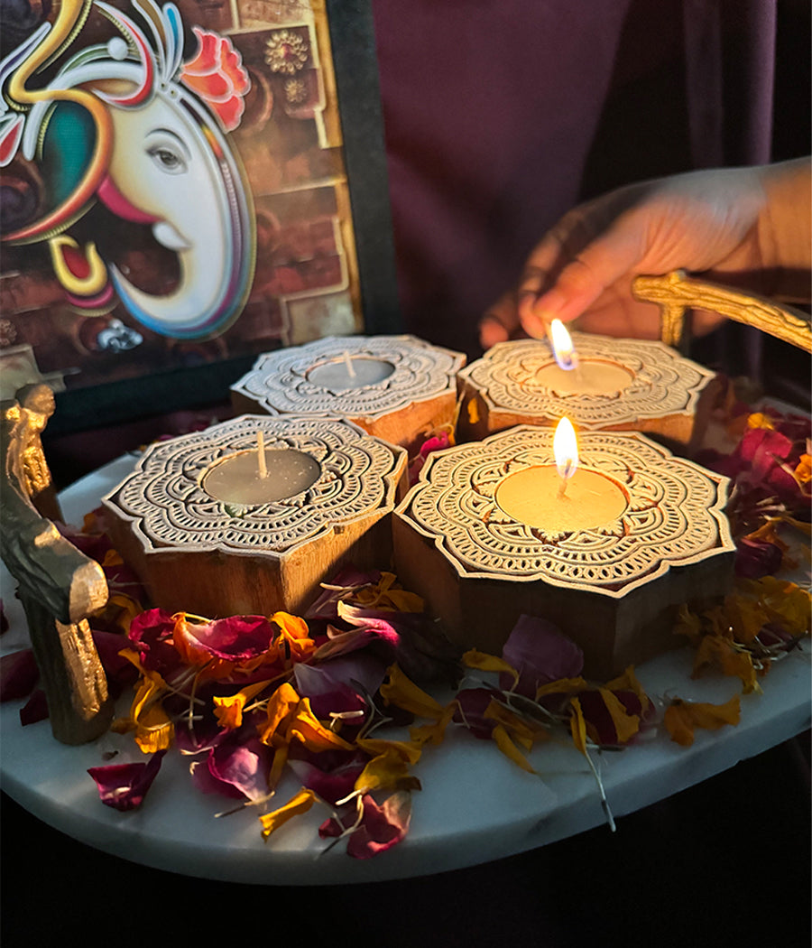Handcrafted Flower Shape Wooden Diya - Set of 4