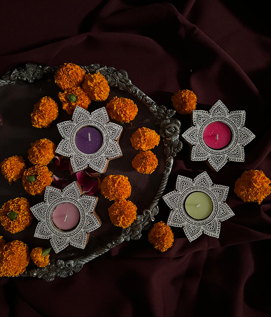 Star Carved Wood Tealight - Set of 4