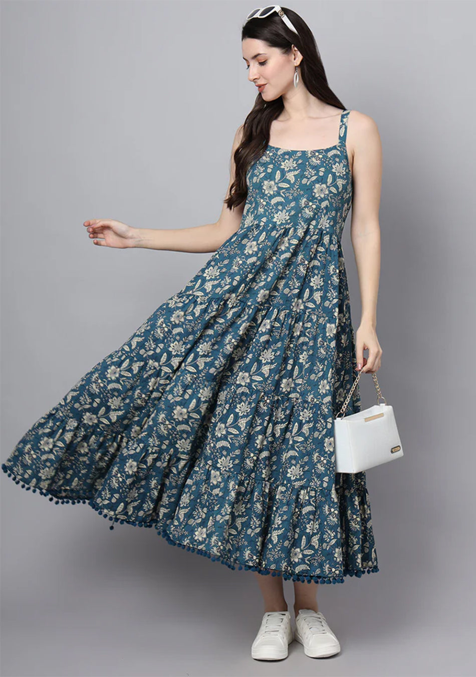 Floral Printed Shoulder Straps Cotton Flared Dress