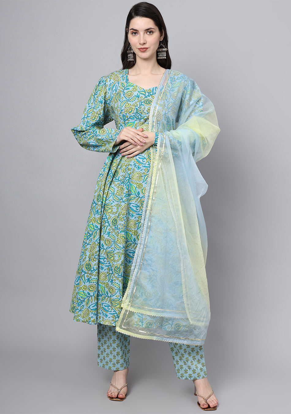 Floral Printed Sky Blue Cotton Anarkali Kurta Pant Dupatta Set