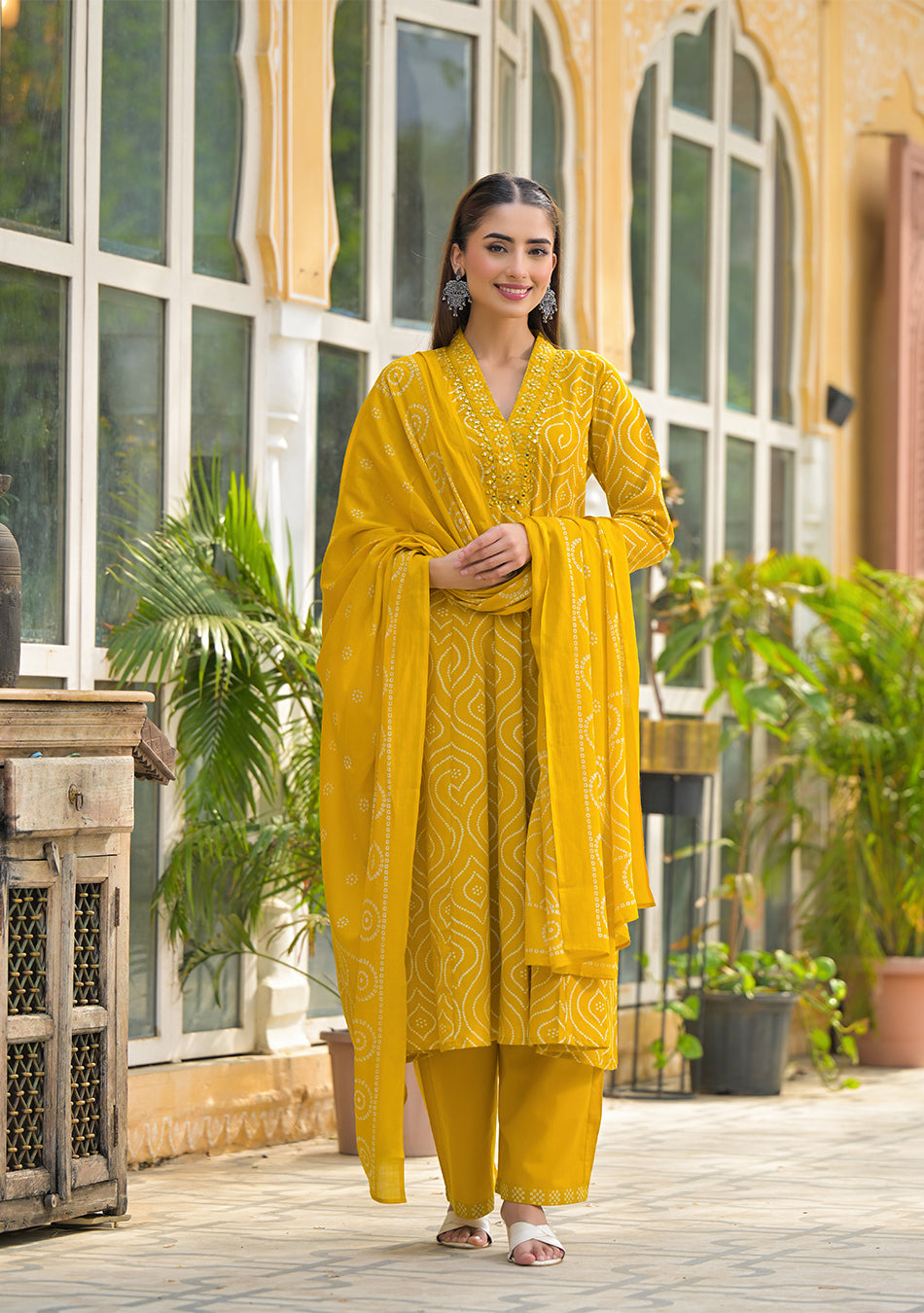 Mustard Bandhani Anarkali Suit Set