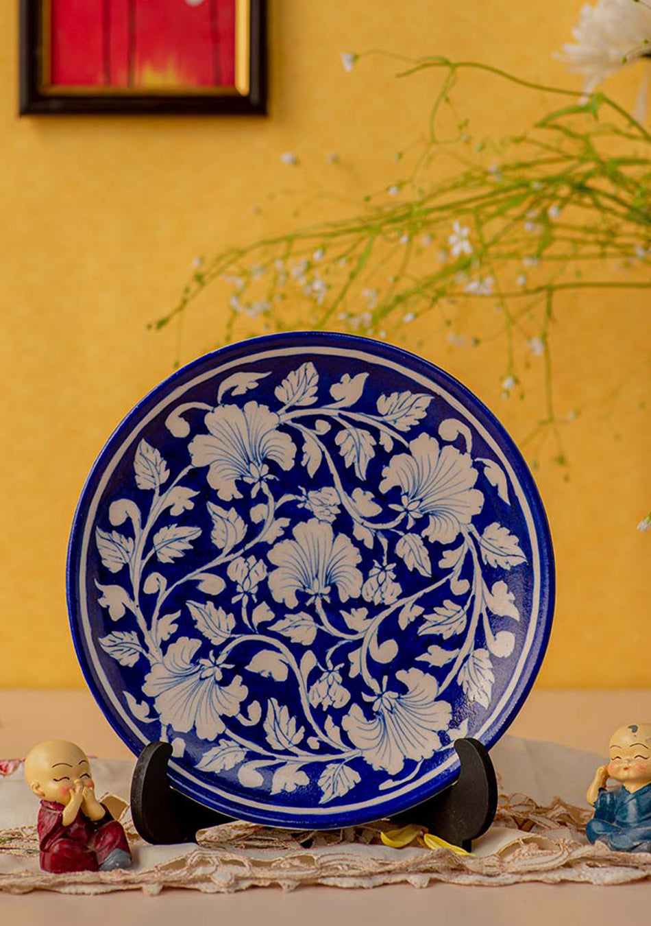 Flower Pattern Blue Decorative Ceramic Serving Plate