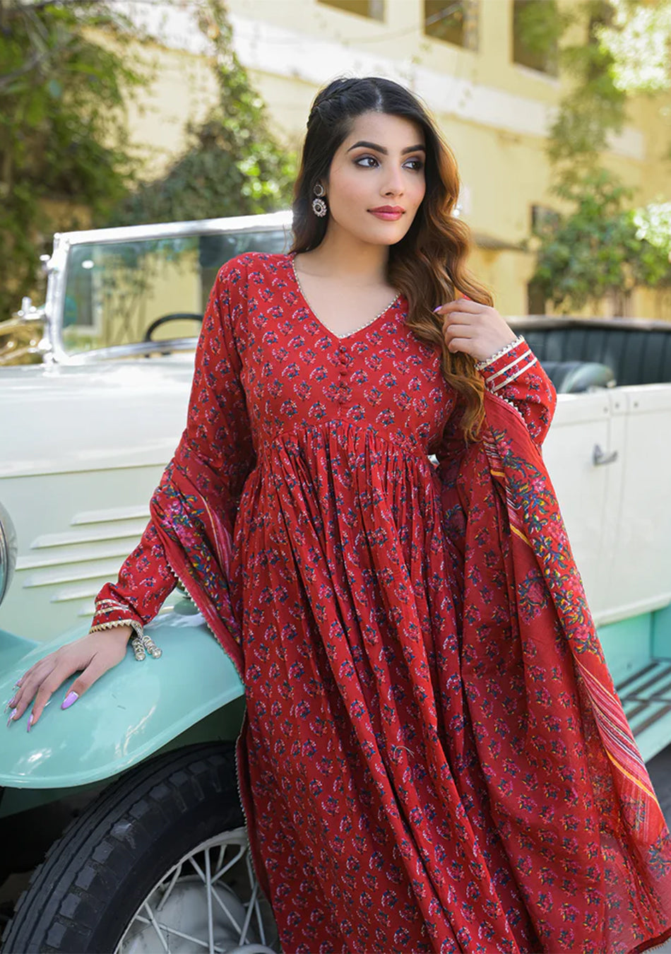 Red Floral Cotton Printed Anarkali Kurta Pant With Dupatta