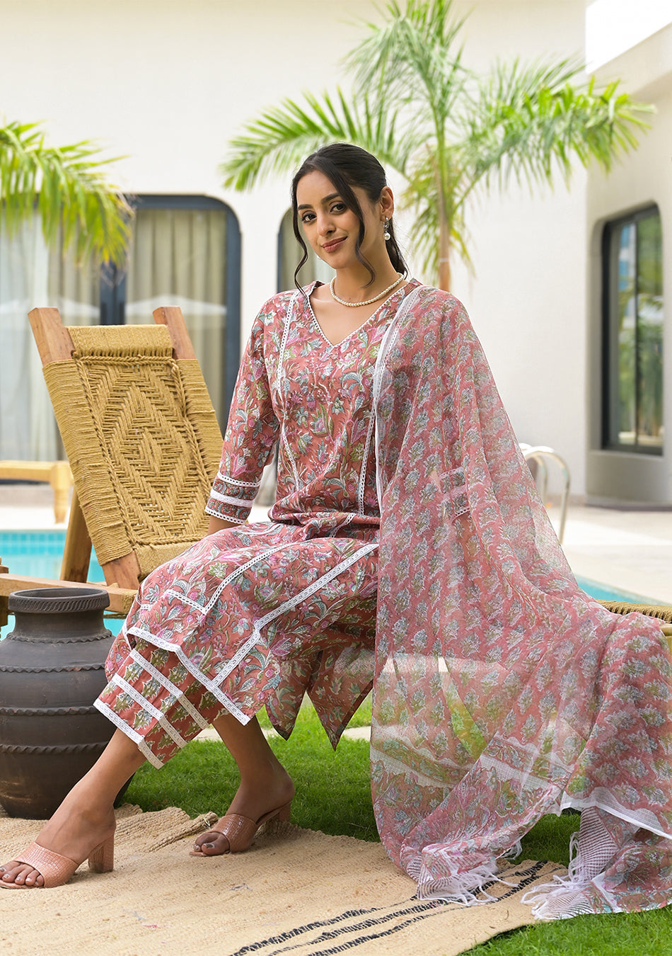 Maroon Floral Print Cotton Handblock Kurta Set for Women