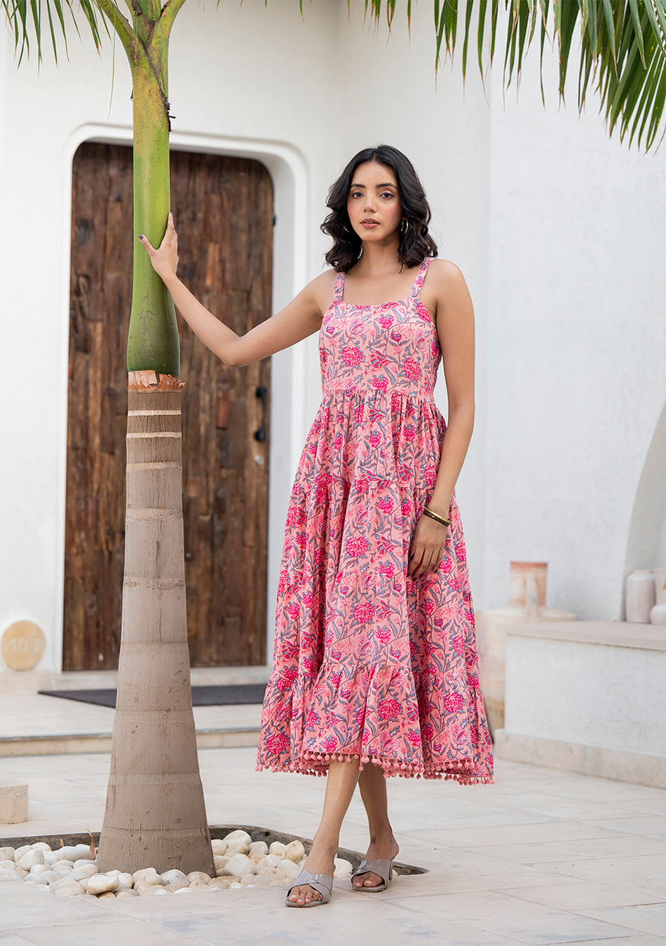 Pink Floral Printed Shoulder Strip Dress