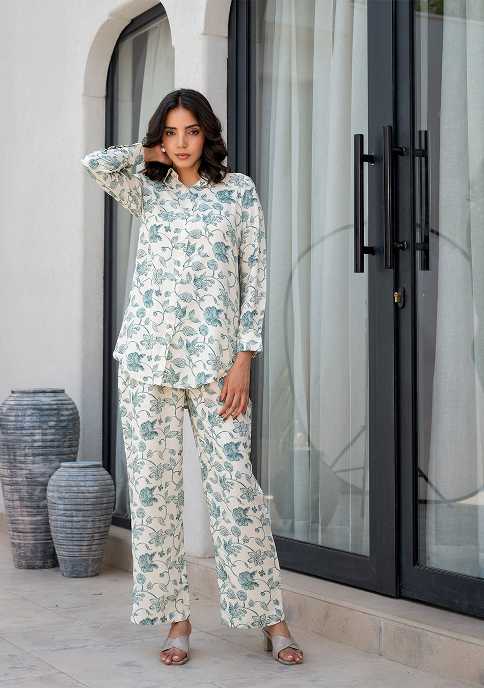 White & Green Floral Printed Rayon Co-ord Set