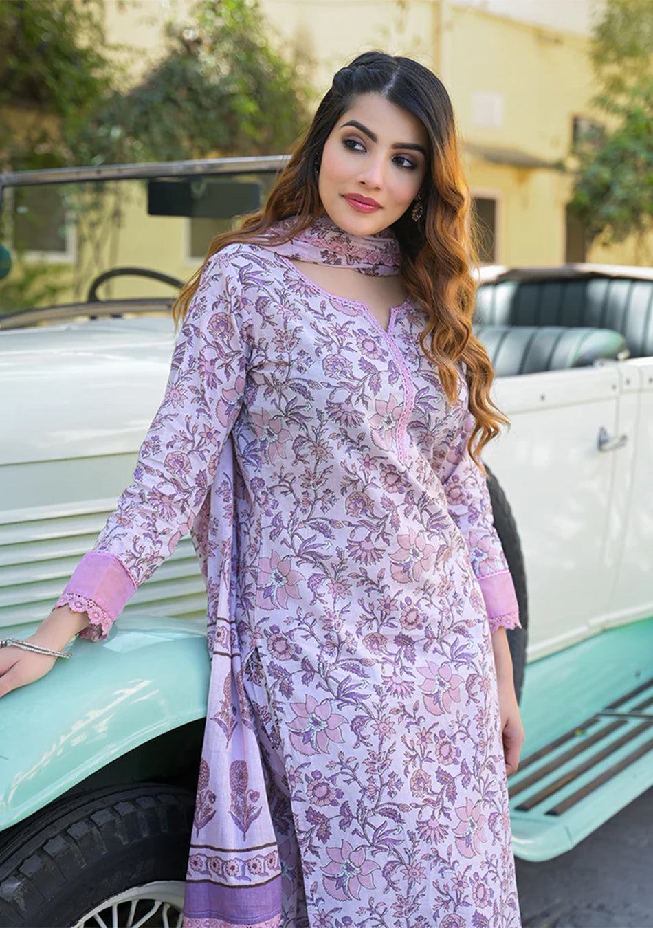 Light Purple Floral Printed kurta Pant with Dupatta
