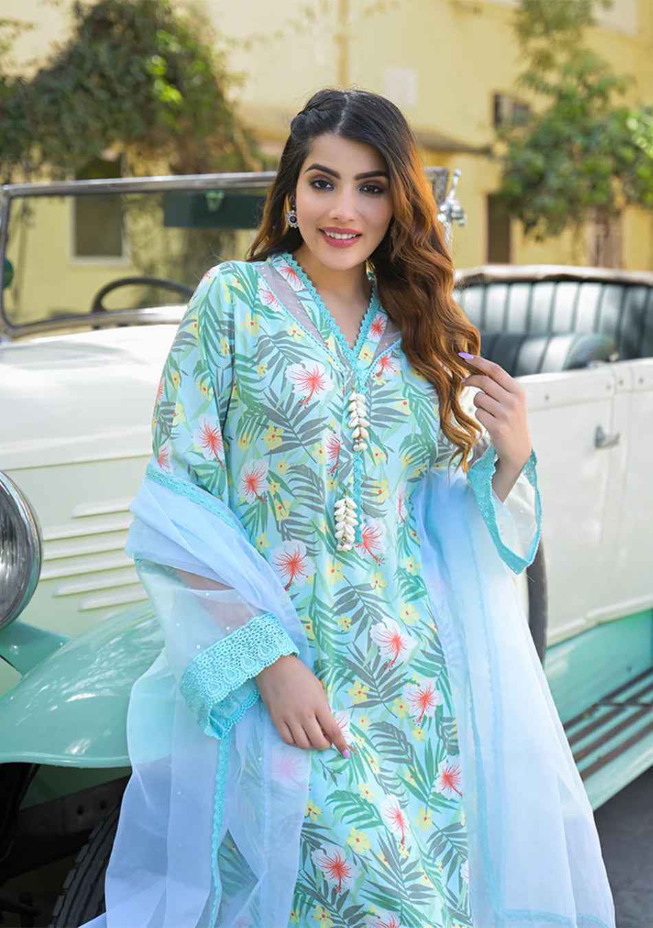 Seagreen Floral Printed Rayon Kurta Pant Set With Dupatta