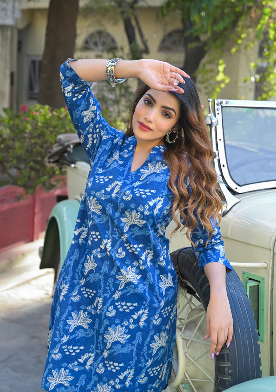 Blue Floral Print Cotton Fabric Kurta with Pant