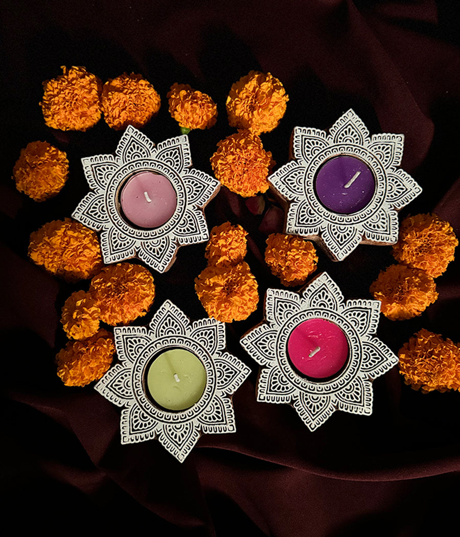 Star Carved Wood Tealight - Set of 4
