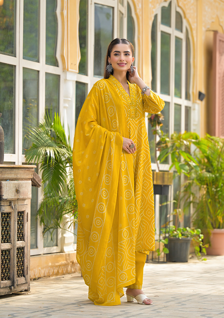 Mustard Bandhani Anarkali Suit Set