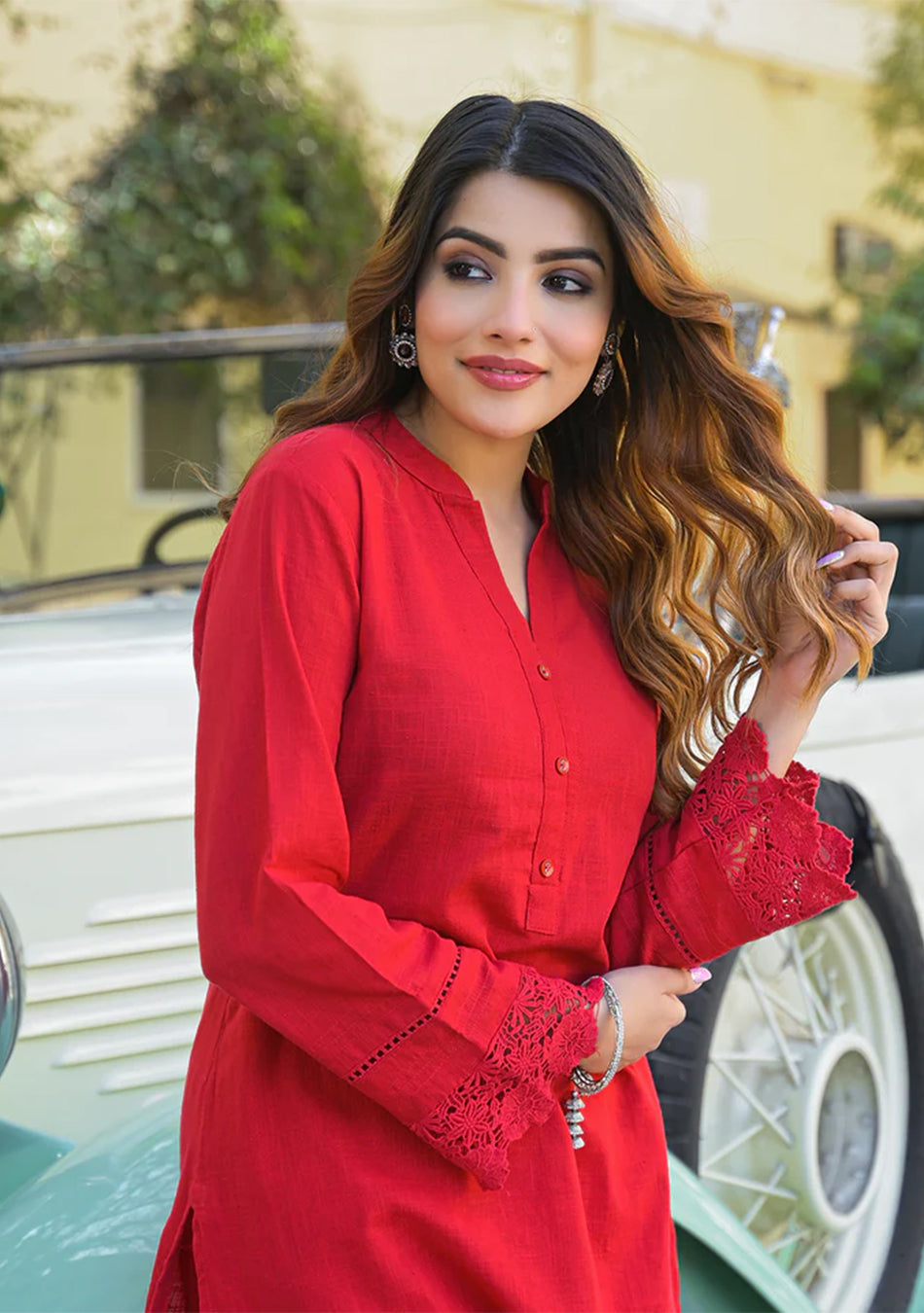 Red Solid Print Cotton Fabric Shirt Kurta with Trouser