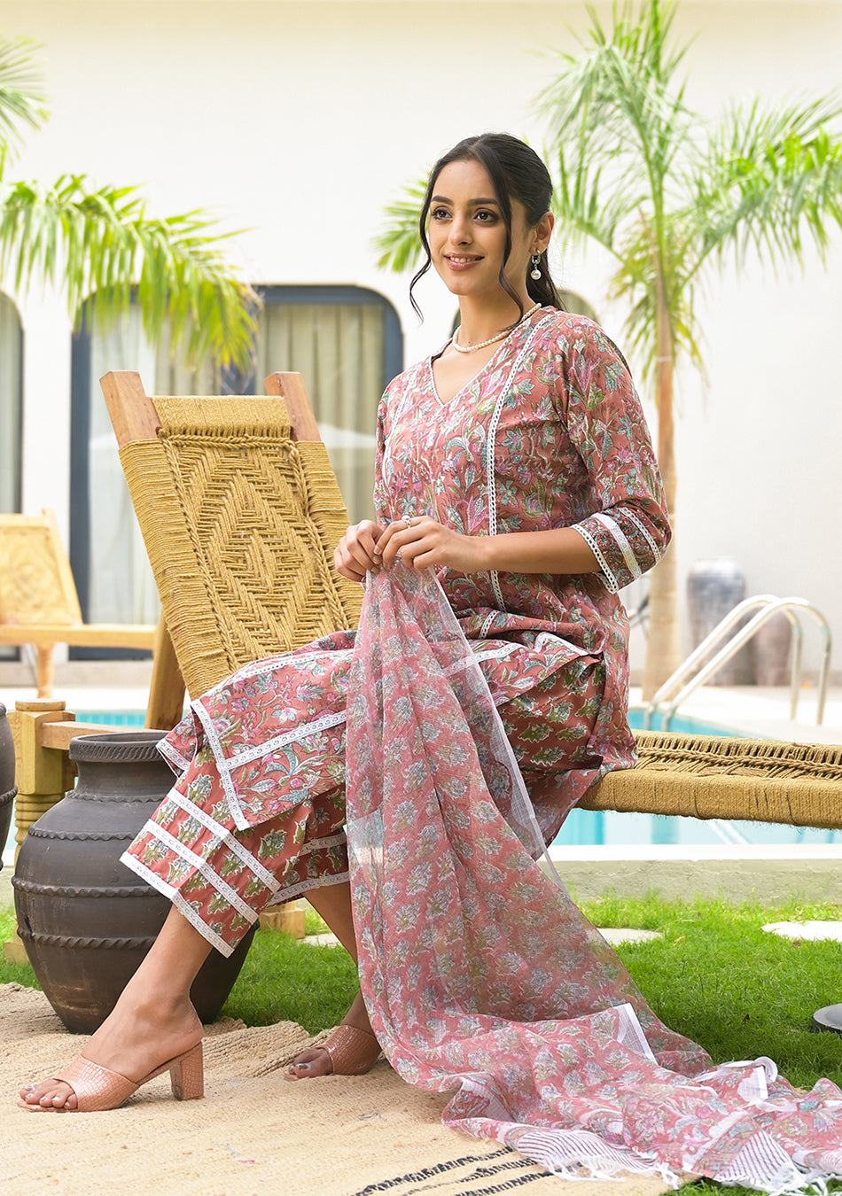 Maroon Floral Print Cotton Handblock Kurta Set for Women