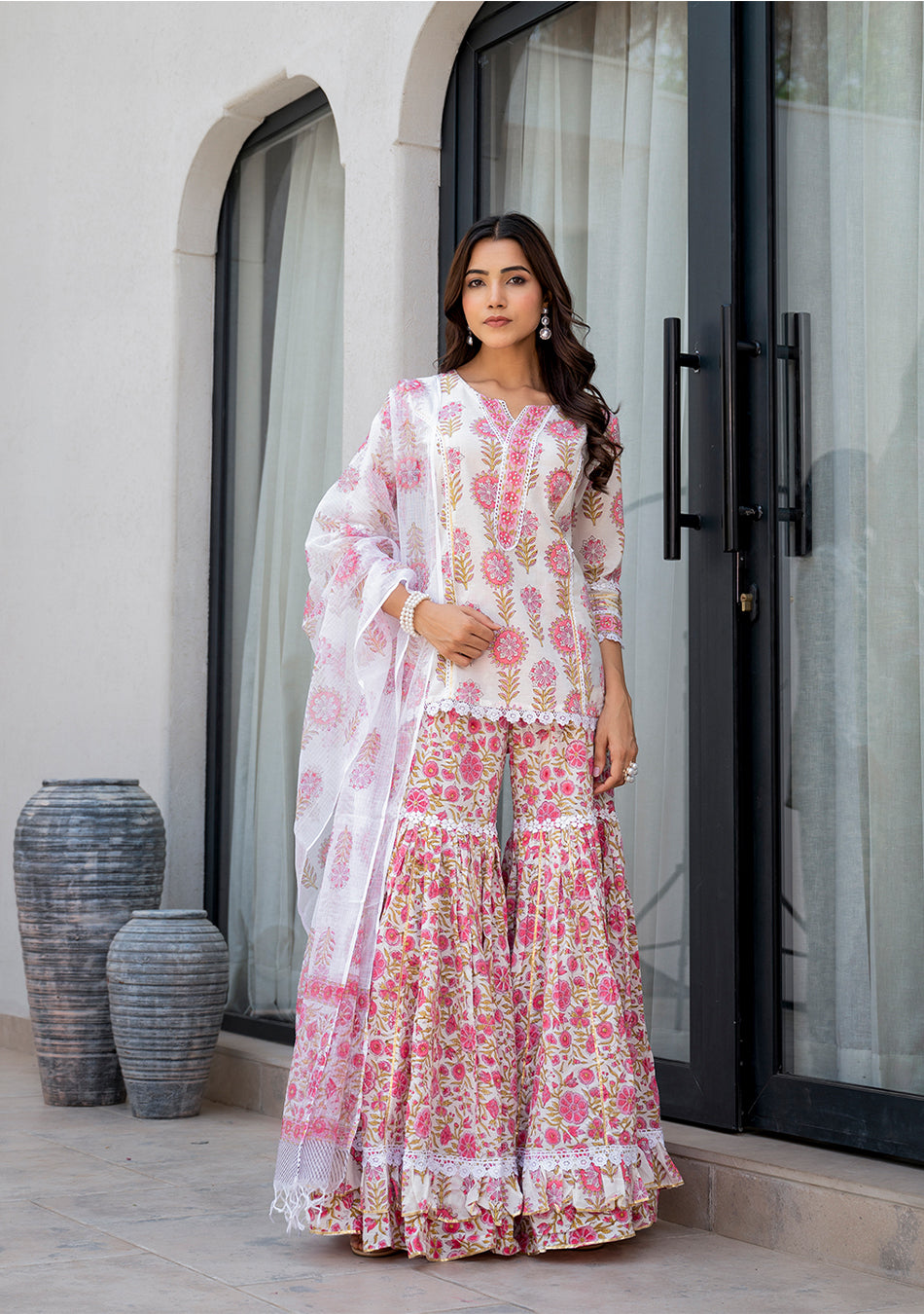 White Floral Print Pure Cotton Kurta Sharara Set for Women