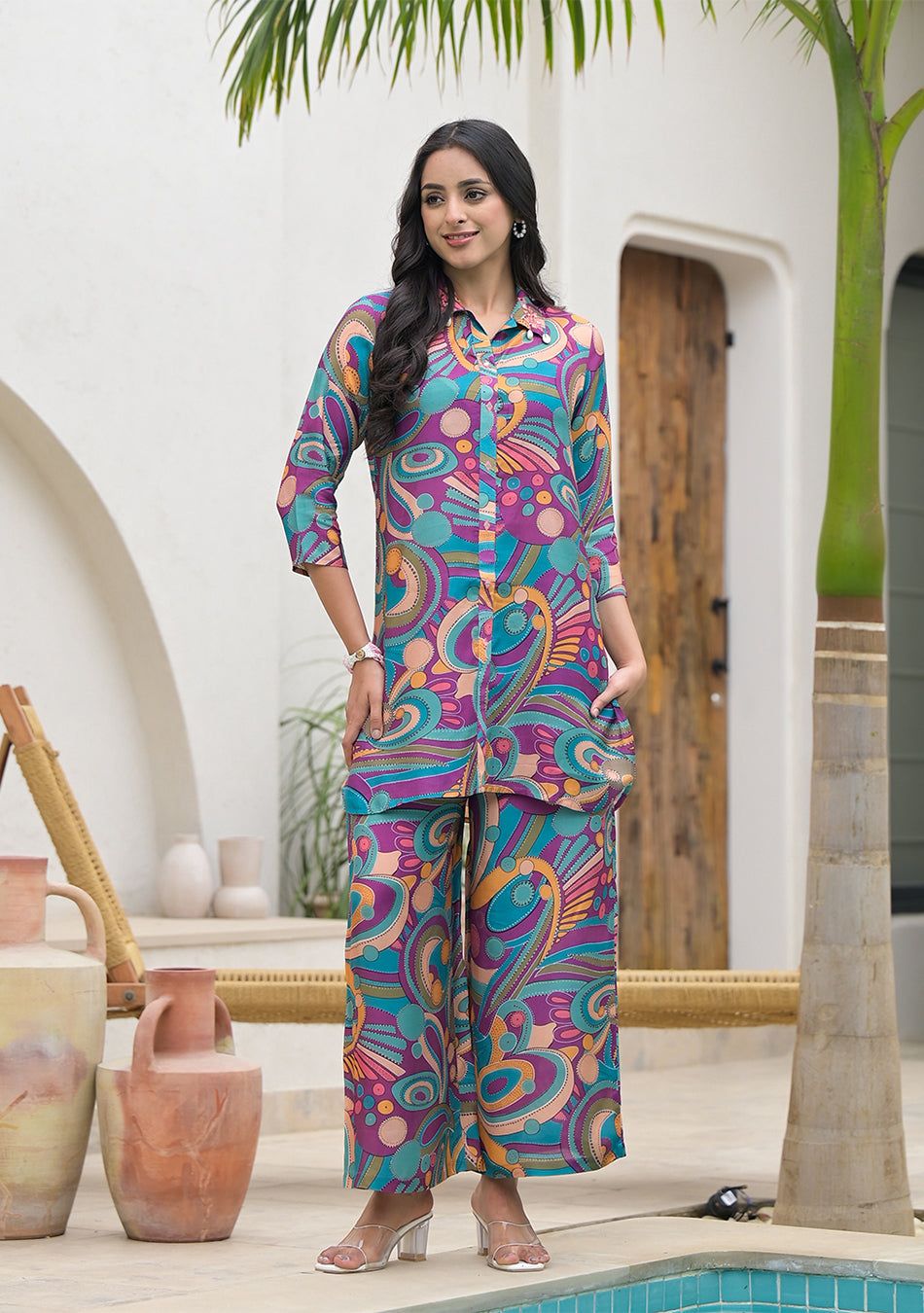 Purple Multi Digital Print Muslin Co-ord set for Women