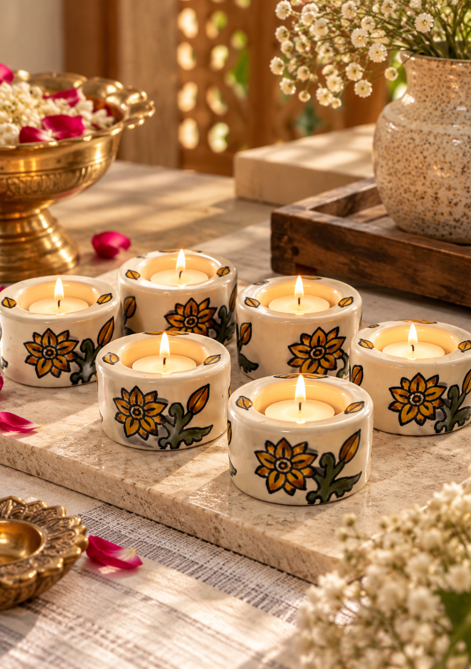 Aravalii Sunflower Bloom Hand-Painted Diya-Set of 6