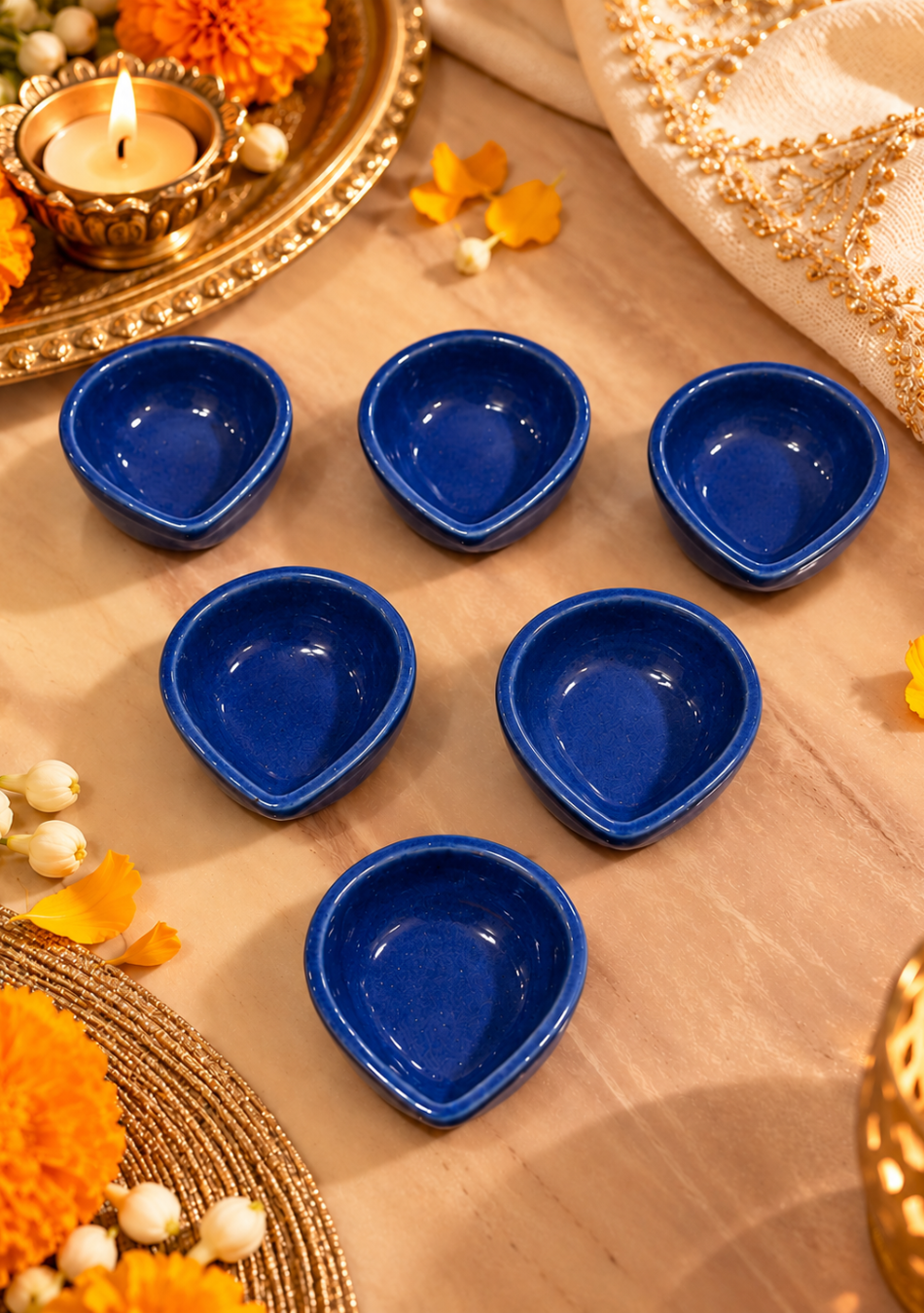 Aravalii Sapphire Teardrop Glow Diya Set Of 6