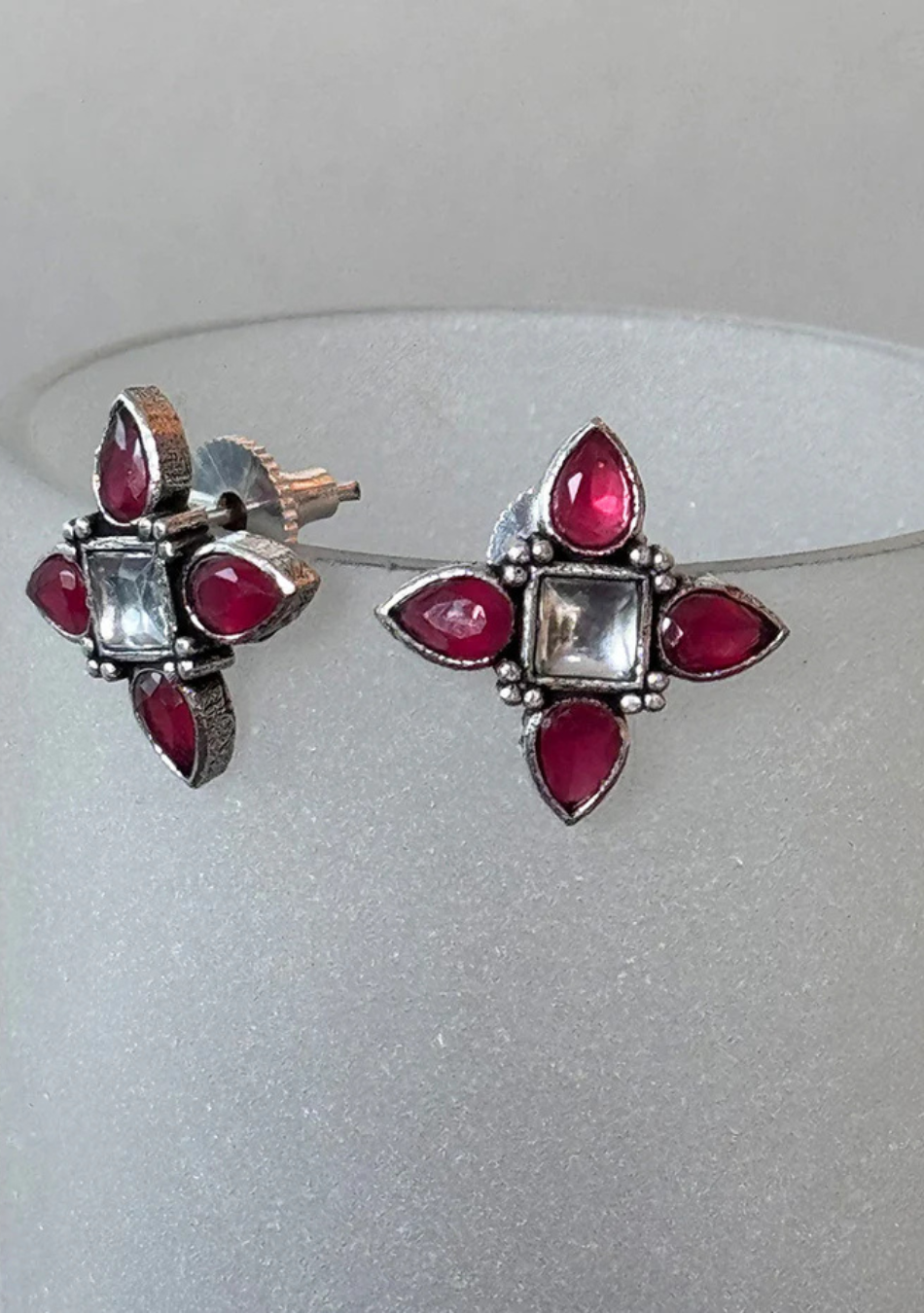 Snowy Ruby Petal Stud Earrings