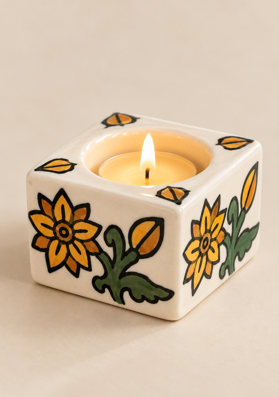 White Diya with Yellow Floral Design - Set of 6