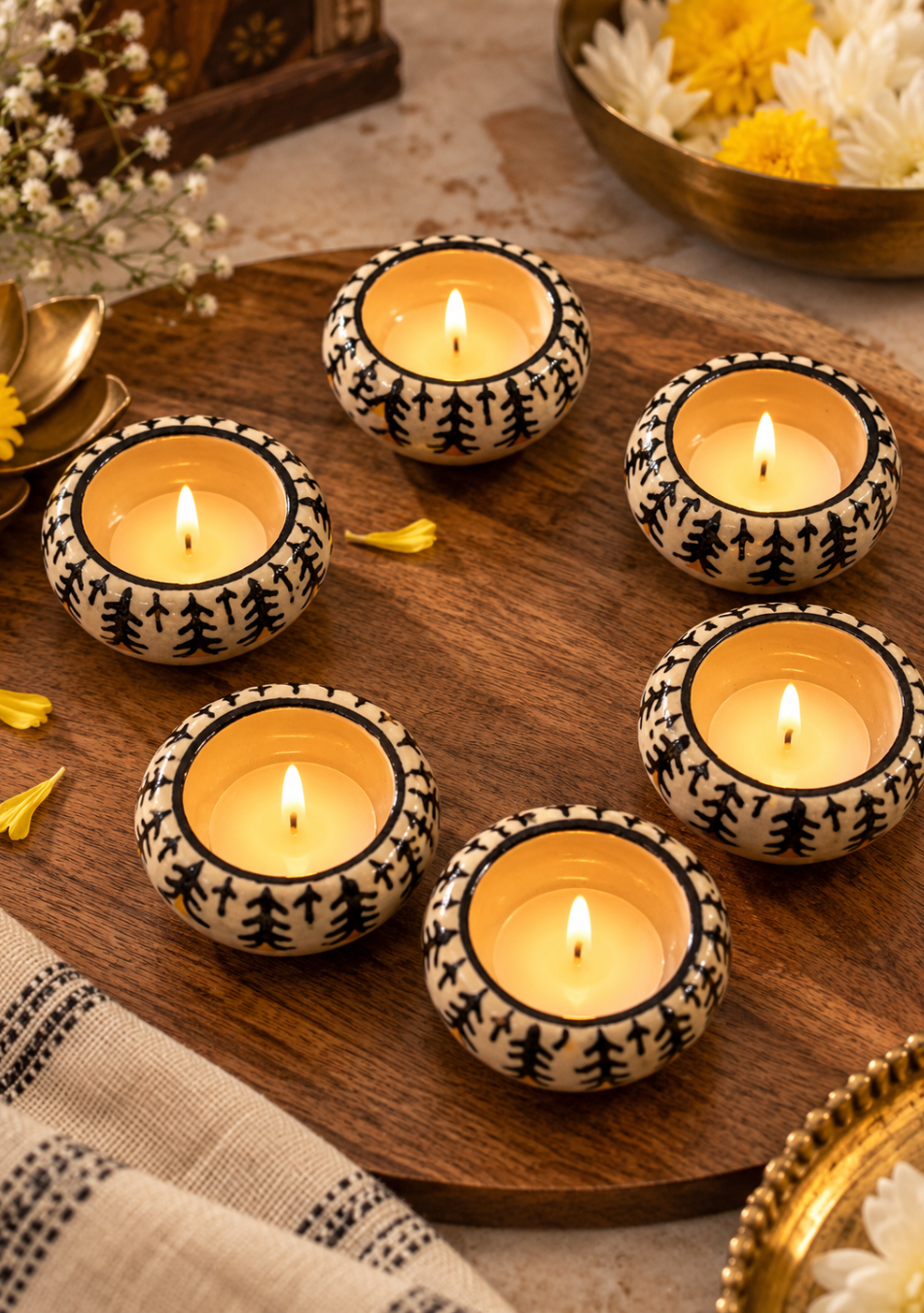 Aravalii Yellow Mustard Floral Diya Set of 6
