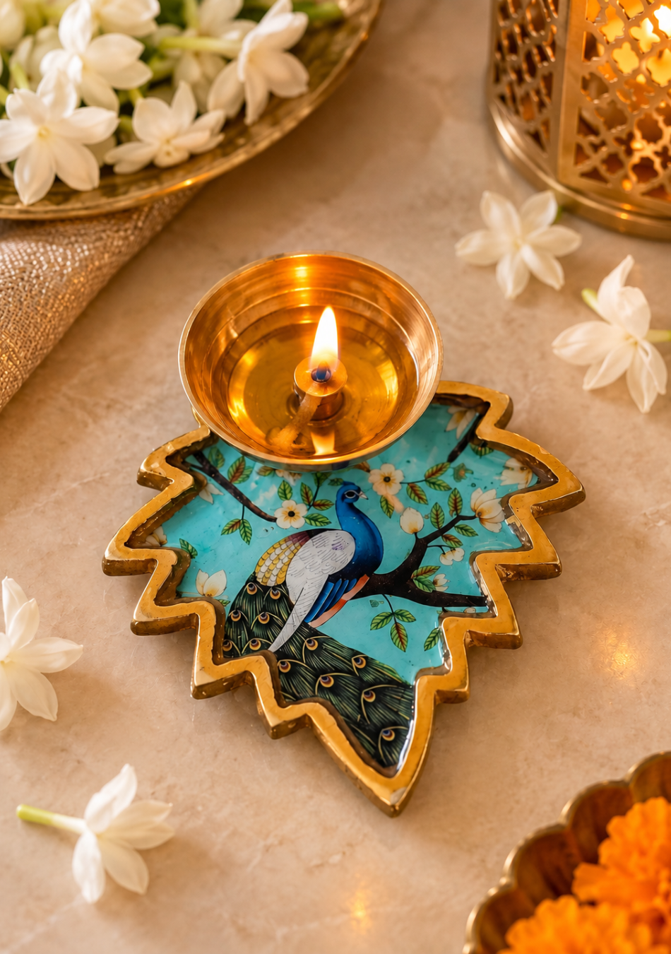 Brass Peacock Leaf Diya