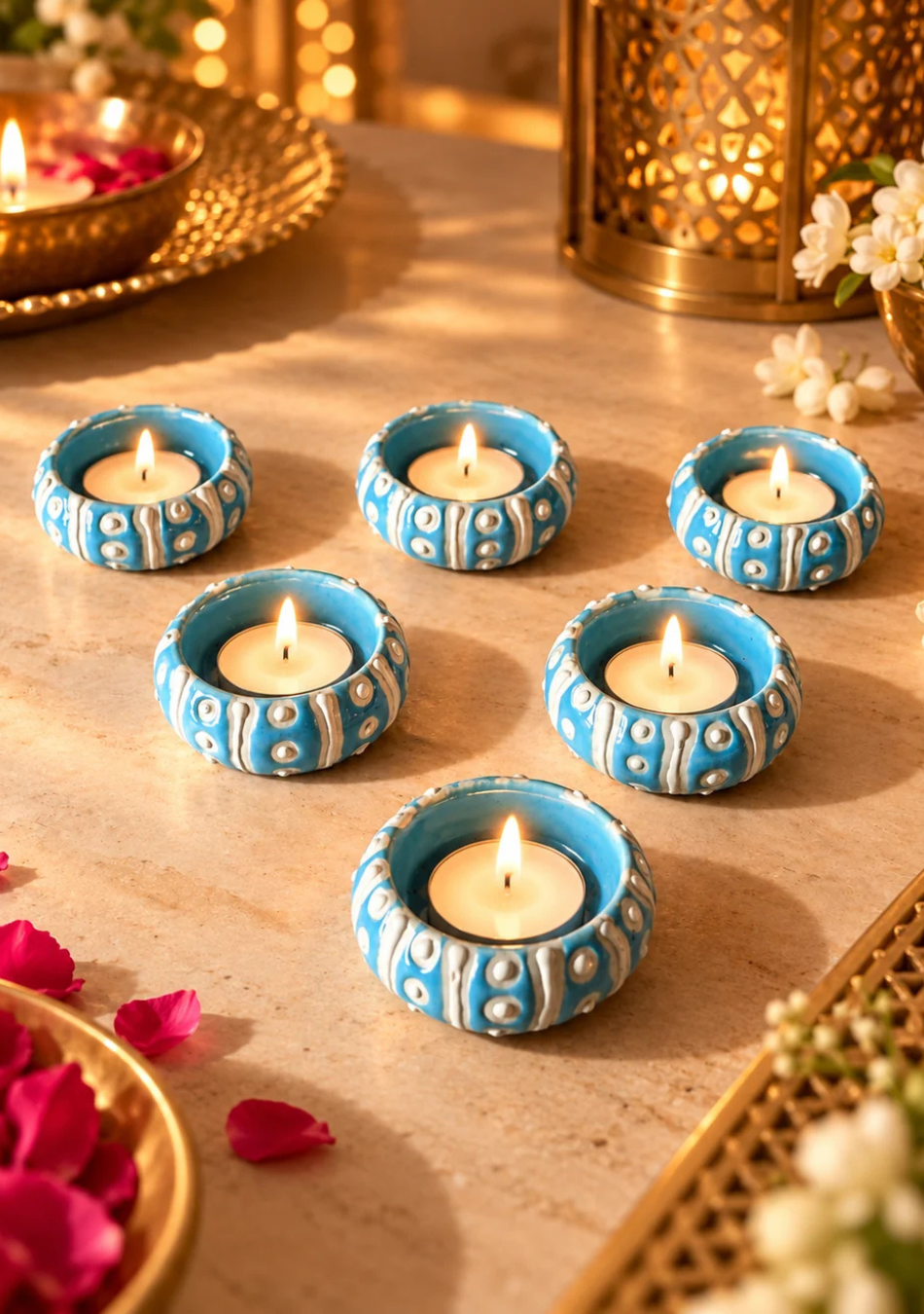 sky blue hand painted Diya Set of 6
