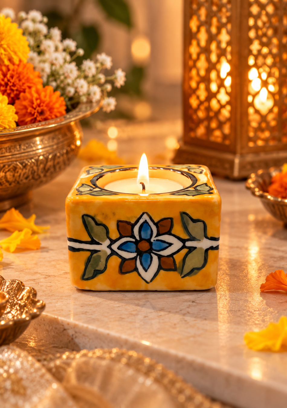 Aravalii Heritage Bloom Hand-Painted Ceramic Diya