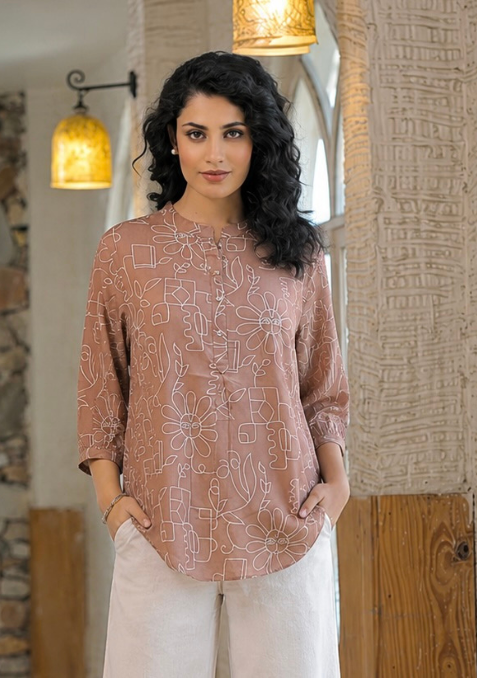 Earthy Brown Cotton-Linen Top with Abstract Floral Line Art Print and Mandarin Collar
