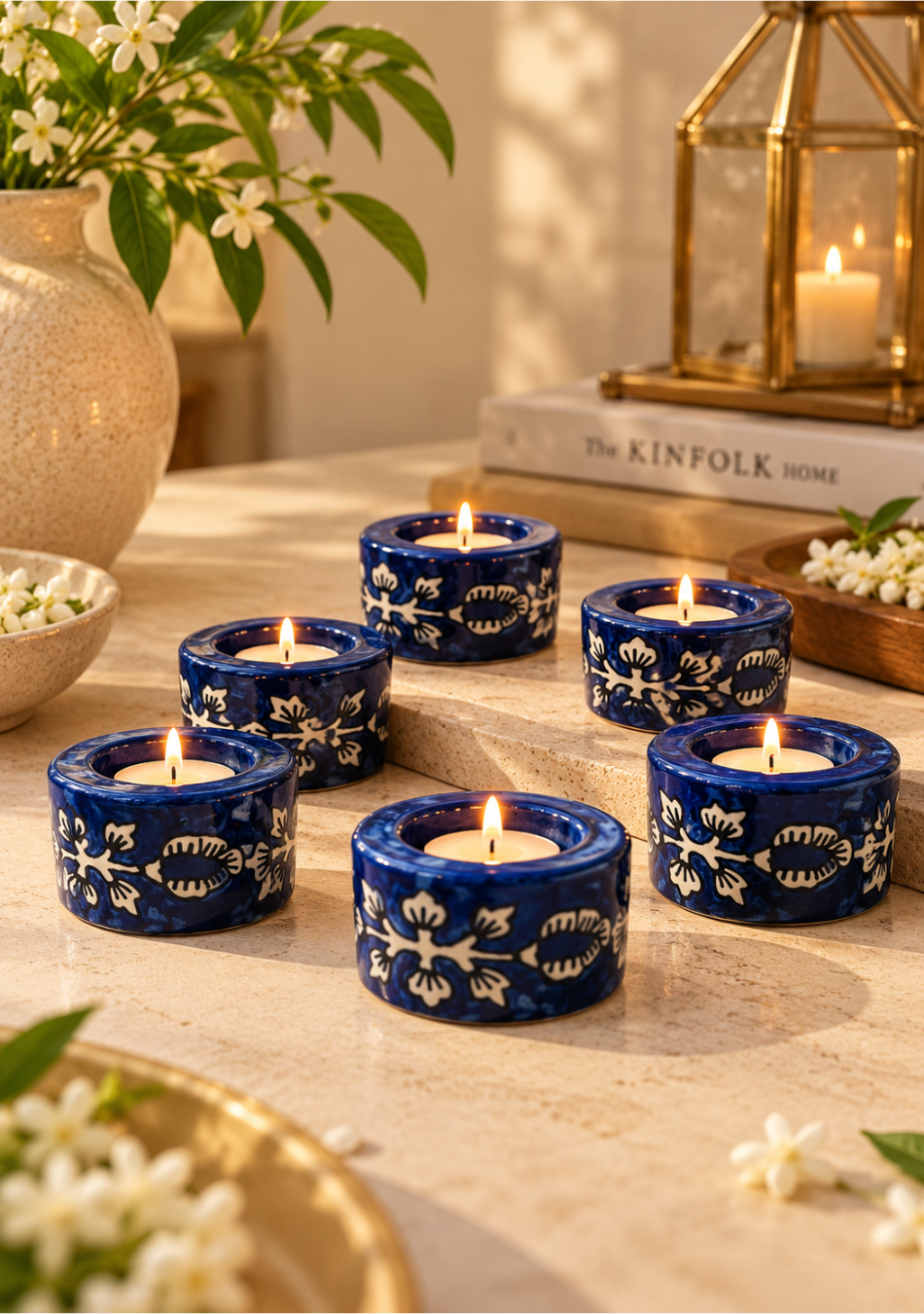 Aravalii Indigo Petals Hand-Painted Tea light Diya Set of 6