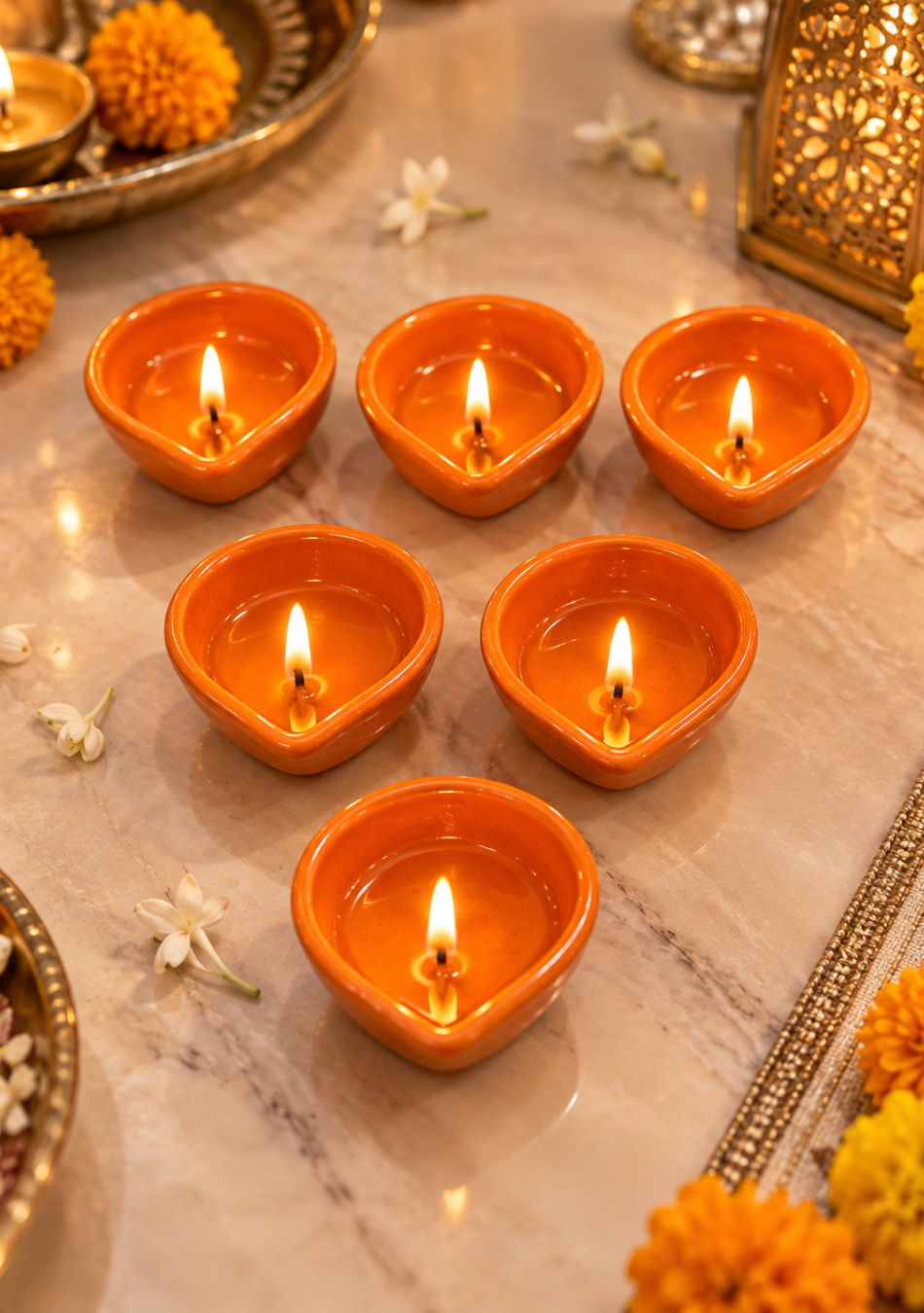 Aravalii orange Teardrop Glow Ceramic Diya Set of 6
