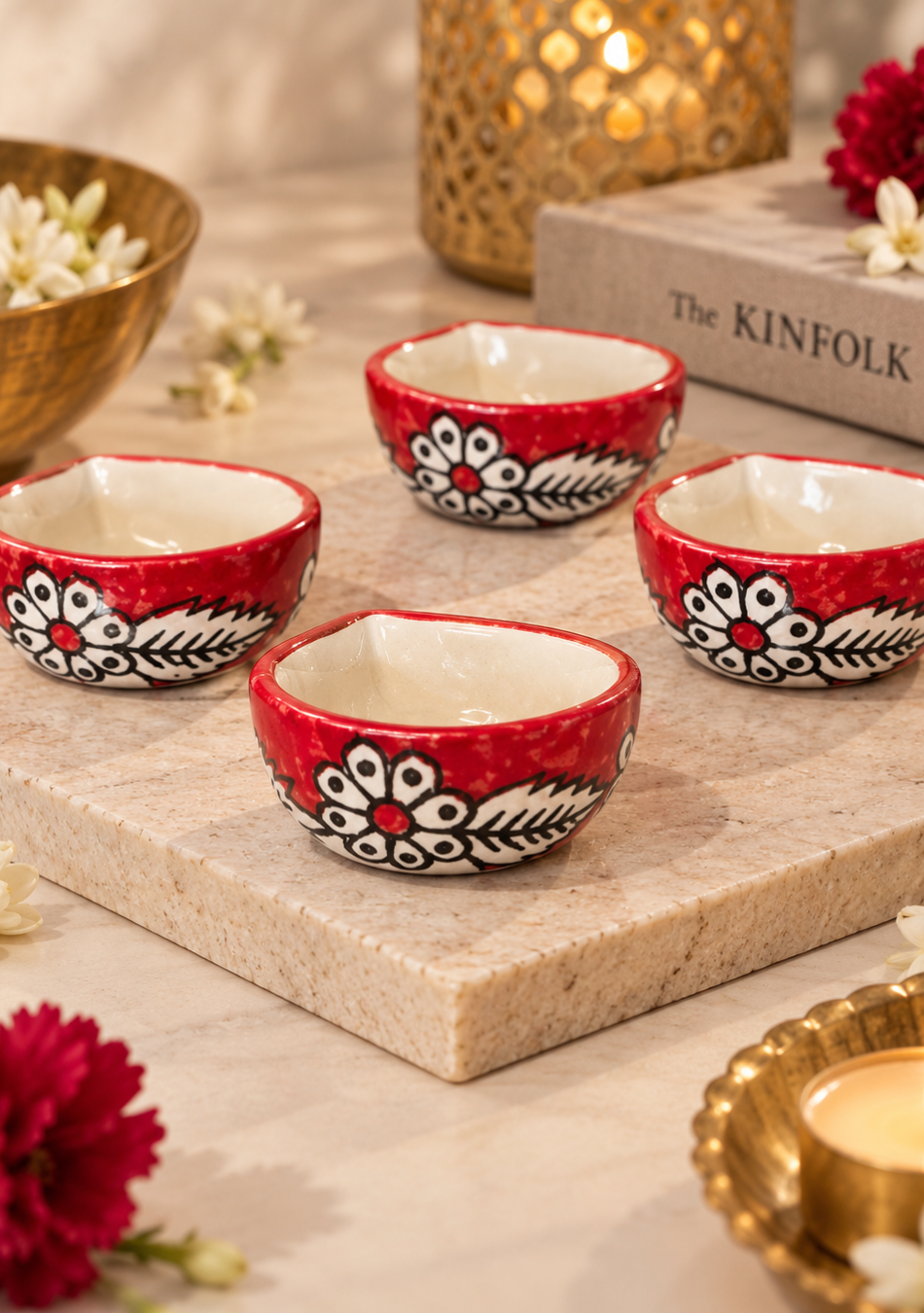 RED HAND PAINTED CERAMIC DIYA - SET OF 6
