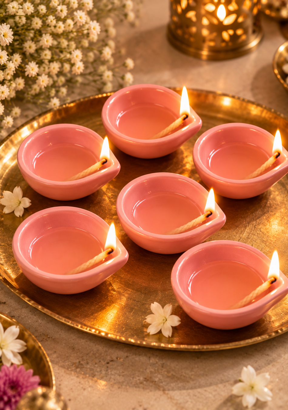 Aravalii Blush Petal Hand-Painted Ceramic Diya