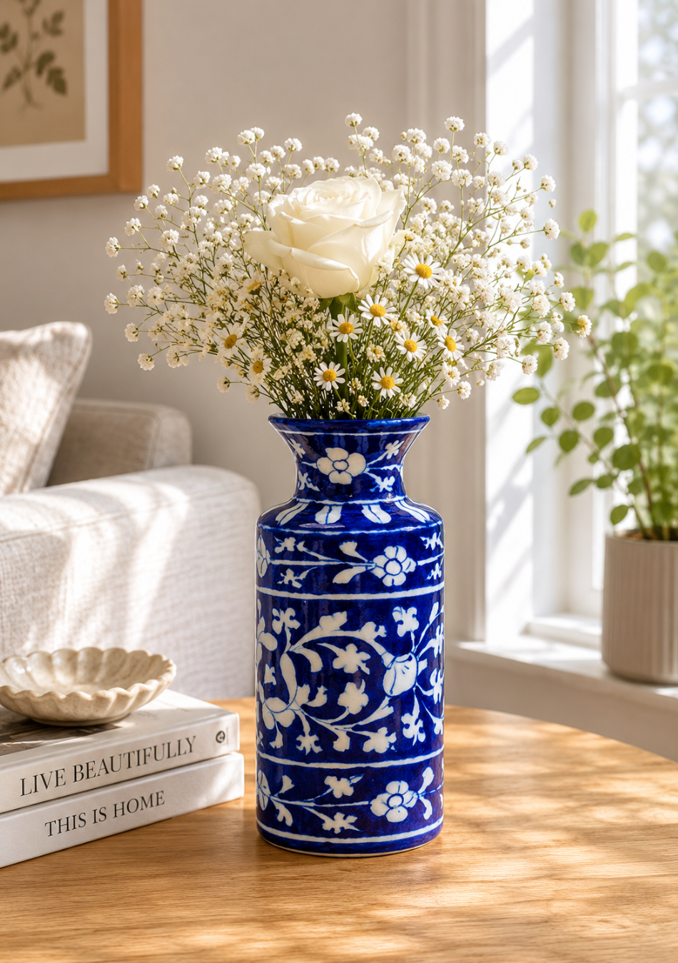 Blue Pottery White Floral Can Vase