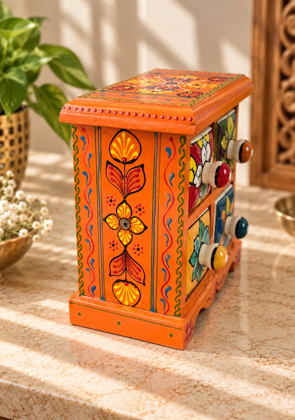 Aravalii Orange Heritage 4-Drawer Mini Chest
